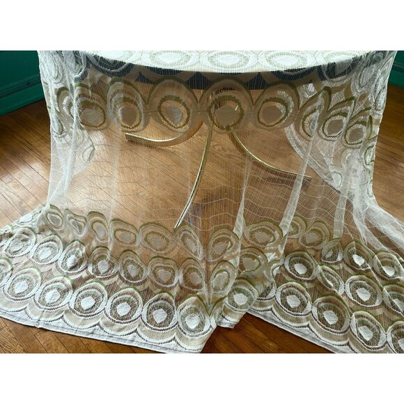 Vintage 70s pleated curtain, white with green/yellow groovy pattern, for 1 - Picture 4 of 10